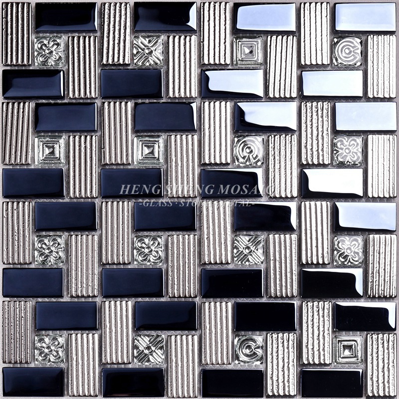 HDT01 12x12 τετράγωνο πρότυπο ηλεκτρολυτική γυαλιστερό μαύρο και λωρίδα Iridescent γυαλί μωσαϊκό τοίχο διακοσμητικά πλακάκια