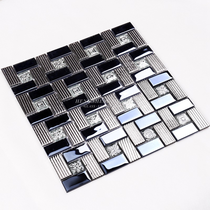 HDT01 12x12 τετράγωνο πρότυπο ηλεκτρολυτική γυαλιστερό μαύρο και λωρίδα Iridescent γυαλί μωσαϊκό τοίχο διακοσμητικά πλακάκια