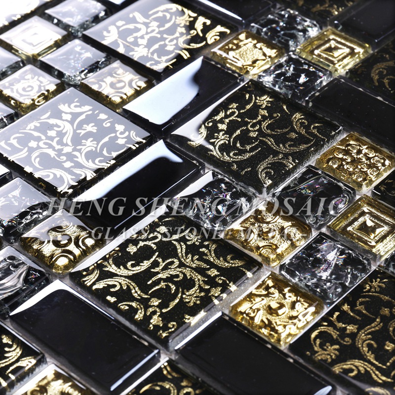 HDT02 Arabesque Νέα σχεδίαση χρυσού γραμμή Laminated μαύρο γυαλί τέχνης λουλουδιών μωσαϊκό μοτίβο πλακάκια κουζίνας Backsplash τοίχο