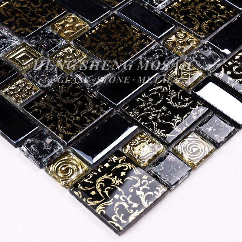 HDT02 Arabesque Νέα σχεδίαση χρυσού γραμμή Laminated μαύρο γυαλί τέχνης λουλουδιών μωσαϊκό μοτίβο πλακάκια κουζίνας Backsplash τοίχο